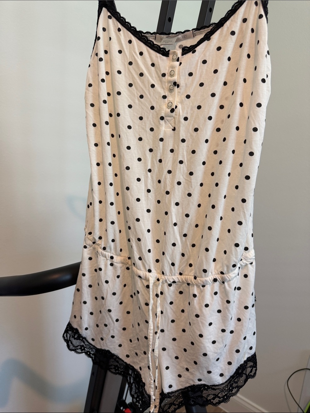 Victoria's Secret White Polka Dot Chemise with Black Lace Trim